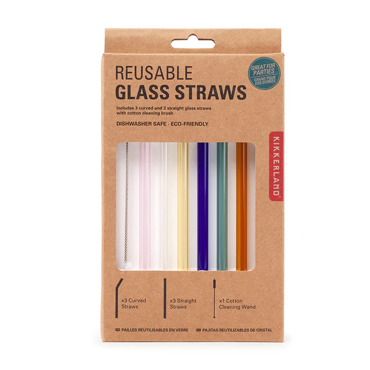 Kikkerland Kleurrijke Herbruikbare Glazen Rietjes, Set van 6
