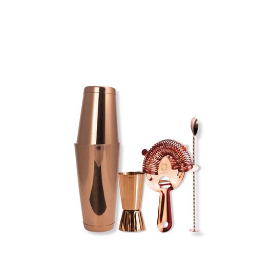 Copper Cocktail Set with shaker, strainer, and spoon for crafting drinks