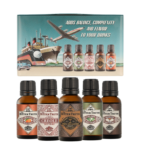 The Bitter Truth Cocktail Bitters Traveler's Set – 5x20ml, featuring five essential bitters in a stylish tin for cocktail enthusiasts on the go.